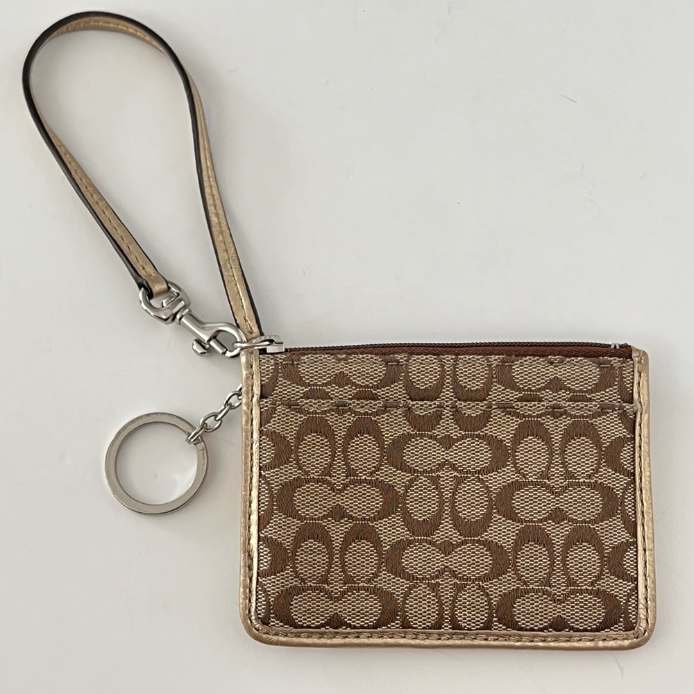 Coach CC Small Signature Gold Metallic Leather Coin Card Wristlet Wallet